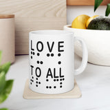 BrailleSwear.com LOVE TO ALL (eng)  Fu@K TRUMP (braille)     Ceramic 11oz cup